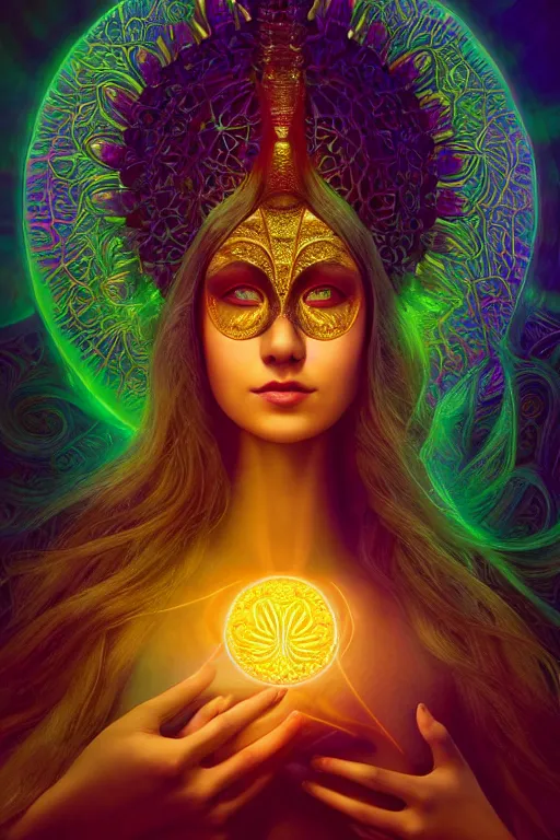 Image similar to a centered render of an alluring goddess wearing a psychedelic mask surrounded by a glorious sacred energy made from geometry and spiral mandel bulb fractals, powerful, cinematic, beautifully lit, by artgerm, by karol bak, 3 d, trending on artstation, octane render, 8 k