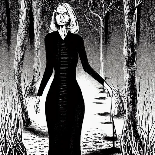 Prompt: tall slender woman with long grey hair in a black dress walking out of a swamp, highly detailed, digitally painting, elaborate, by ec comics,