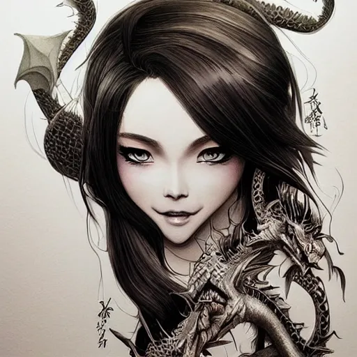 Prompt: punishment dragon, heroine, beautiful, playful smile, detailed portrait, intricate complexity, in the style of Artgerm, Kazuki Tanahashi, and Ross Tran, cel-shaded