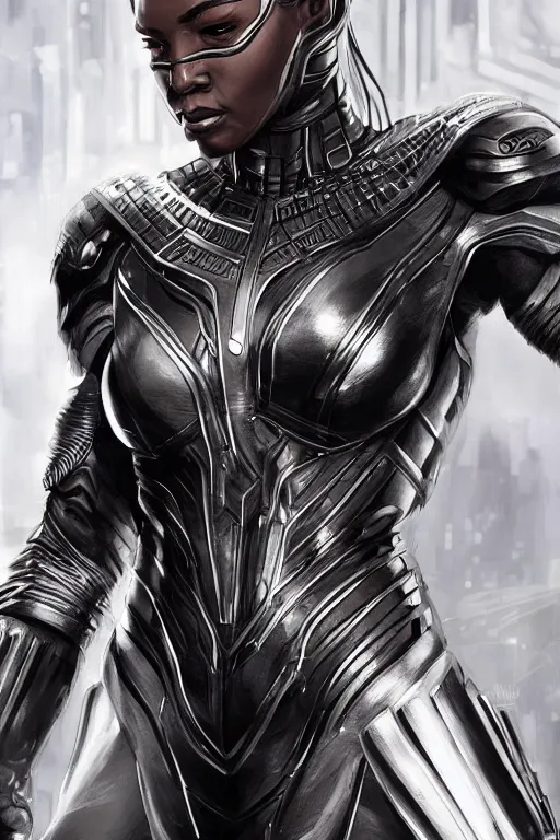 Prompt: art by artgerm, ultra realistic illustration, wakandan warrior in a atlantien style armor, hacknaut cyberpunk, sci - fi, fantasy, intricate, elegant, highly detailed, digital painting, artstation, concept art, smooth, sharp focus, illustration.