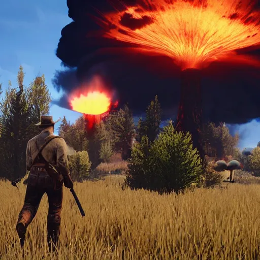 Prompt: nuclear explosion with huge mushroom cloud, rdr 2 screenshot