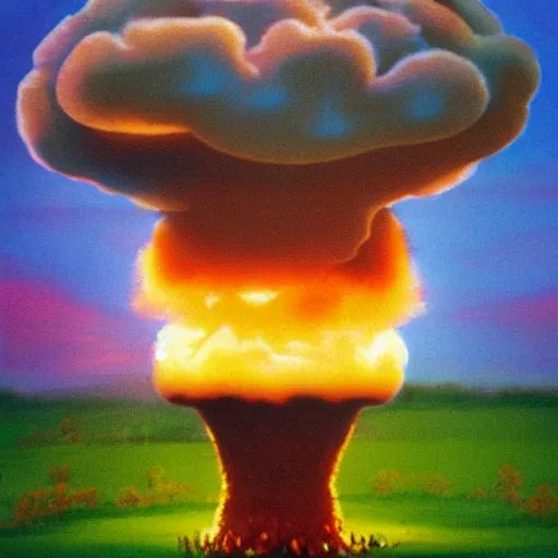 Image similar to nuclear mushroom cloud in the shape of bob ross