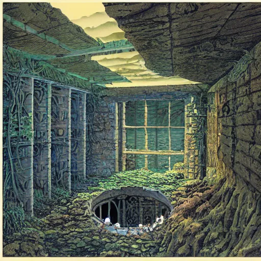 Prompt: pillbox riftpunk fortress half-sunk in a noxious Swamp, by Colleen Doran and by Angus McBride and by Ted Nasmith, low angle dimetric rendering, centered, 3-point perspective