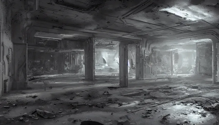 Prompt: interior of the abandoned area 5 1, secret rooms, dark corridors, white walls, hyperdetailed, artstation, cgsociety, 8 k