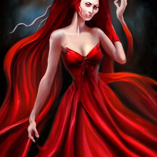 Image similar to a painting of a woman in a red dress, concept art by anne stokes, polycount contest winner, fantasy art, wiccan, concept art, tarot card