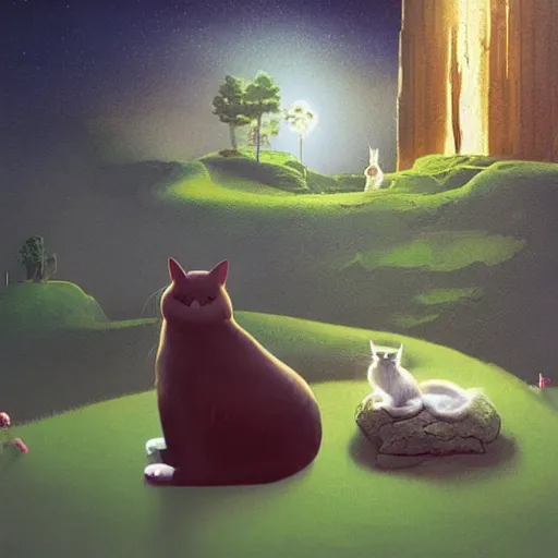 Image similar to a cat zen master meditating on hillside, next to a cute cat, concept art by chris labrooy, cgsociety, retrofuturism, sci - fi, concept art, futuristic