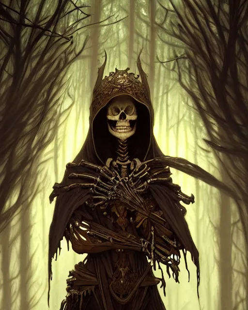 Image similar to Portrait of a skeleton mage wearing hood, dark fantasy, deep forest on background, mid-shot, intricate, elegant, highly detailed, digital painting, artstation, concept art, smooth, sharp focus, illustration, art by Sam Youn and Fernanda Suarez and Artem Demura and alphonse mucha