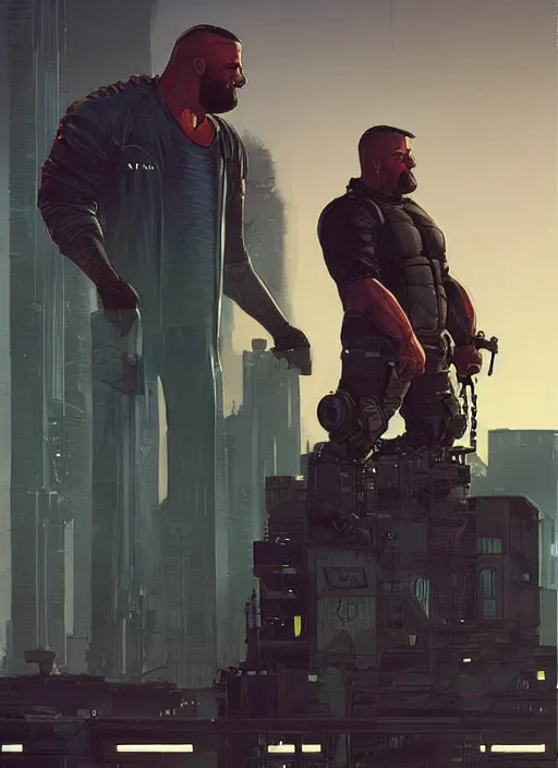 Prompt: Dumb Bubba. Buff cyberpunk meathead trying to intimidate a hacker. Large man looms over smaller figure. Realistic Proportions. Concept art by James Gurney and Laurie Greasley. Moody Industrial skyline. ArtstationHQ. Creative character design for cyberpunk 2077.