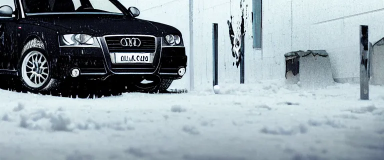 Image similar to Audi A4 B6 Avant (2002), a gritty neo-noir, dramatic lighting, cinematic, eerie person, death, homicide, homicide in the snow, viscera splattered, gunshots, bullet holes, establishing shot, extremely high detail, cracked windows, photorealistic, arson, makeshift grave, cinematic lighting, artstation, by simon stalenhag, Max Payne (PC) (2001) winter New York at night, In the style of Max Payne 1 graphic novel, flashing lights, Poets of the Fall - Late Goodbye