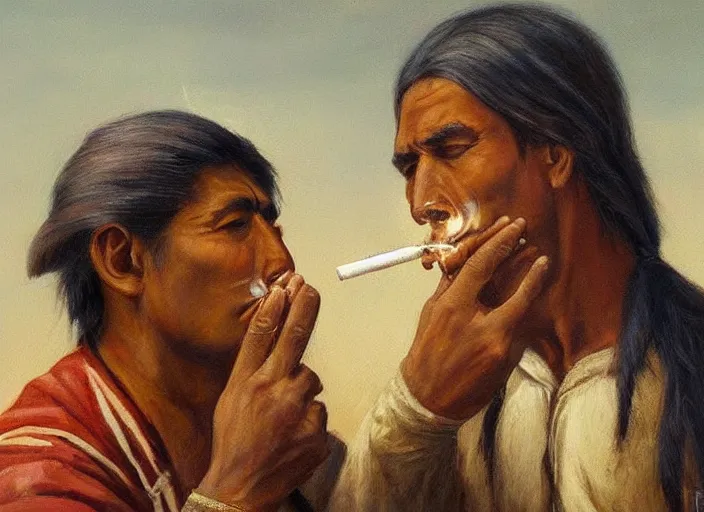 Image similar to a beautiful painting of an indigenous man blowing tobacco snuff into the nose of another man , fantasy art, matte painting, highly detailed