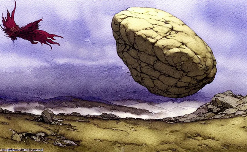 Image similar to a hyperrealist watercolour concept art of a flying rock. it is a misty night on the moors of ireland. by rebecca guay, michael kaluta, charles vess and jean moebius giraud