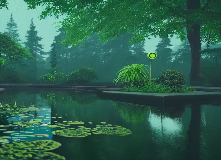 Image similar to a tadpole in a pond, vaporwave, foresty background. raining, 15mm. in the style of studio ghibli, Very detailed 8k. Sharp. Cinematic post-processing. Unreal engine. Nanite. Ray tracing. Parallax. Tessellation