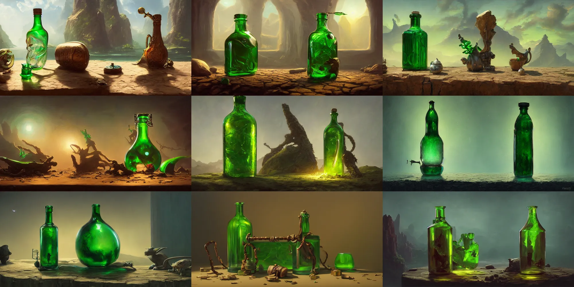 Prompt: magical bottle with green poison, extremely detailed oil painting, unreal 5 render, rhads, Bruce Pennington, tim hildebrandt, digital art, octane render, beautiful composition, trending on artstation, award-winning photograph, masterpiece