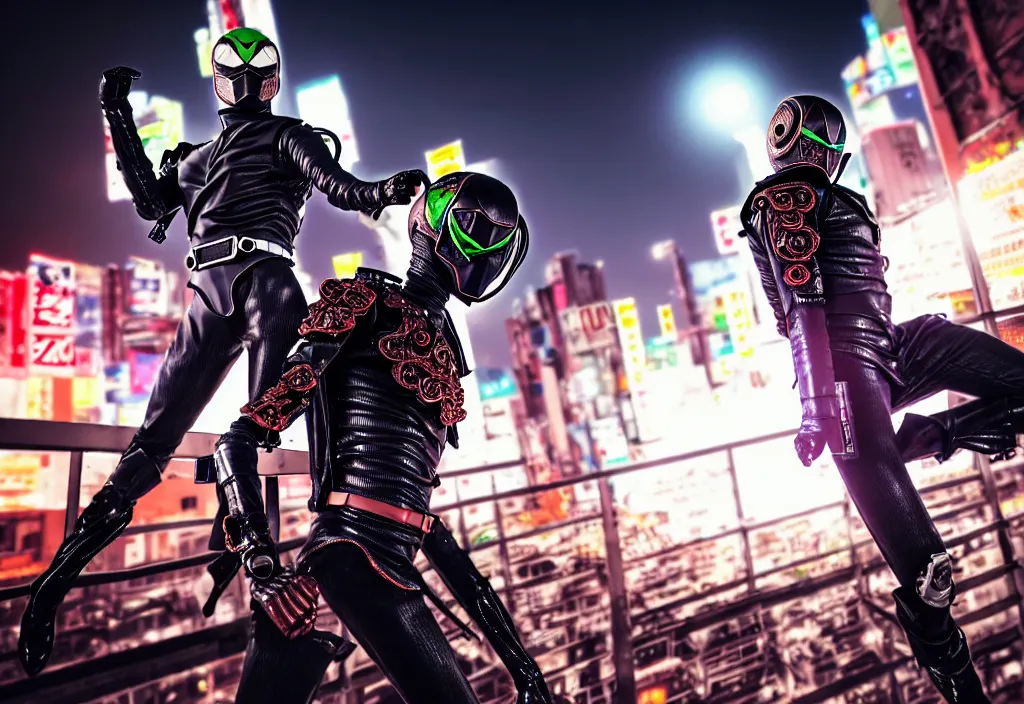 Prompt: large belted kamen rider dynamic pose, human structure concept art, human anatomy, full body hero, intricate detail, hyperrealistic art and illustration by a. k. a limha lekan a. k. a maxx soul and alexandre ferra, global illumination, blurry and sharp focus, on future tokyo night rooftop, frostbite engine