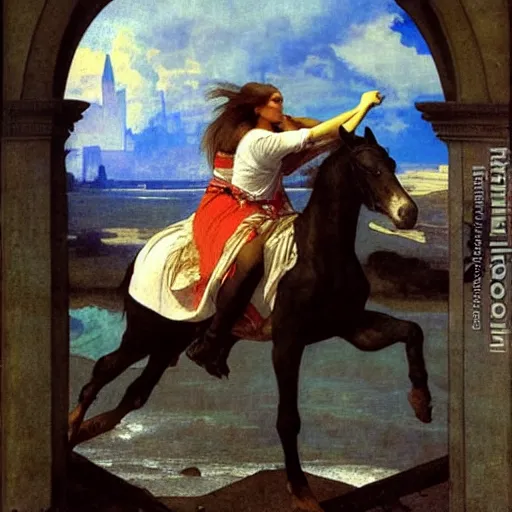 Prompt: Girl riding a horse leaving the castle through the bridge, thunderstorm, beach ocean on the background major arcana sky, by paul delaroche, alphonse mucha and arnold böcklin arnold böcklin hyperrealistic 8k, very detailed