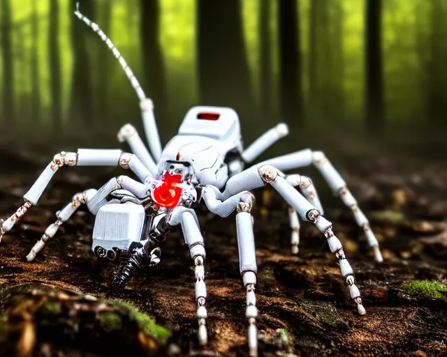 Image similar to photo of a white terminator spider with heavy duty biomechanical hydraulic cybernetic body with antennas and visor cogs and gears and components in the forest. cyberpunk horror style. highly detailed 8 k. intricate. nikon d 8 5 0 5 5 mm. award winning photography.