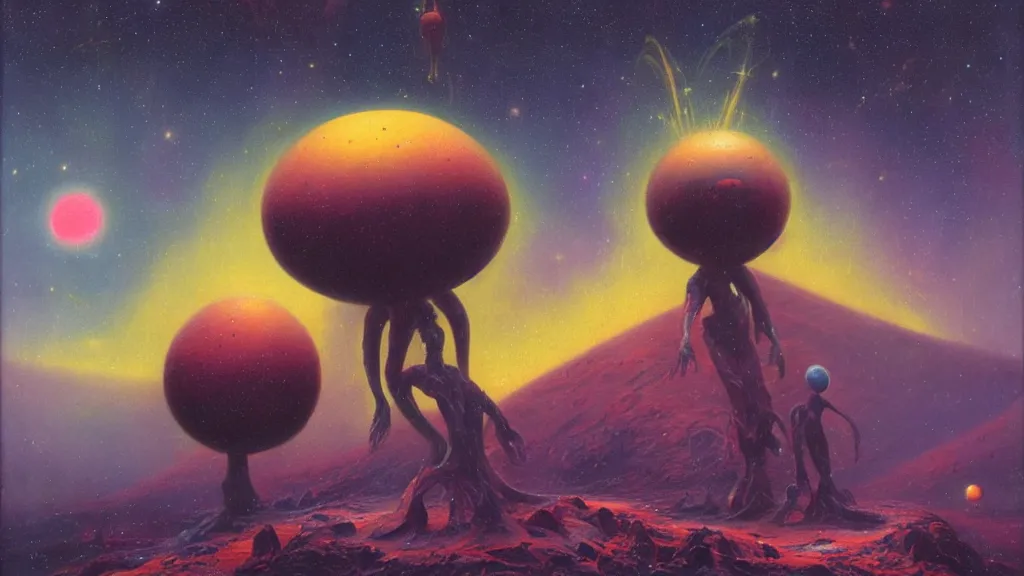 Prompt: mysterious whimsical sculpture of an alien cosmos by paul lehr and john schoenherr, cinematic matte painting