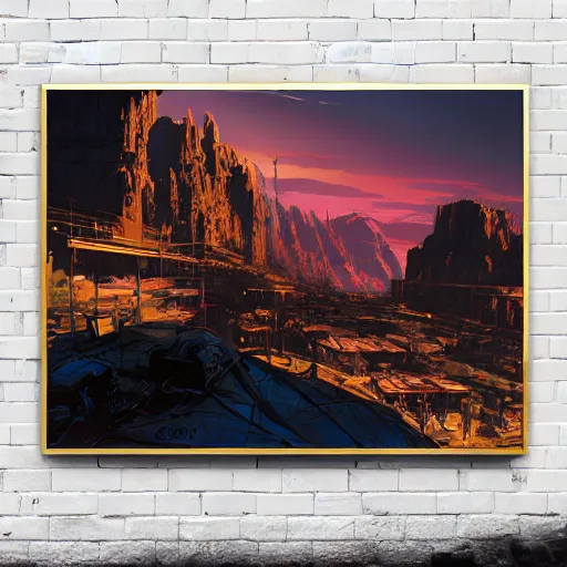 Prompt: beautiful sunset over detailed cyberpunk suburb in a valley surrounded by epic mountains with snowtops, sharp, highly detailed, oil on canvas, kacper niepokolczycki, syd mead, 4 k, perfect geometry