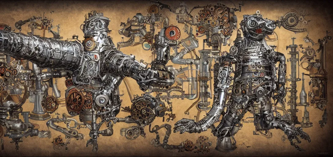 Prompt: mechagodzilla, steampunk automaton, mechanical, medieval style fresco, mutant, detiled, clockwork, 4 k, fineart, anatomy of a machine, manuscript