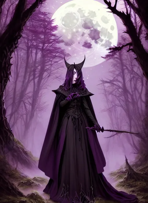 Prompt: front full detailed portrait dark witch, adventurer outfit large cloak, fantasy forest landscape, big moon, dragon scales, fantasy magic, undercut hairstyle, short purple black fade hair, dark light night, intricate, elegant, sharp focus, illustration, highly detailed, digital painting, concept art, matte, art by wlop and artgerm and greg rutkowski and alphonse mucha, masterpiece