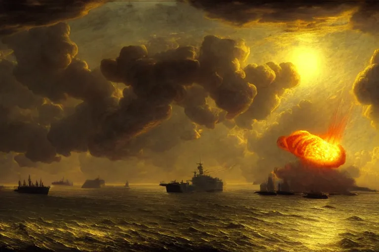 Prompt: aircraft carrier, nuclear explosion by andreas achenbach and peder balke and martin johnson heade sharp digital painting. dreaming latent space. matte painting, concept art. artstation. digital render. hdr, high dynamic range, global illumination, realistic, 8 k