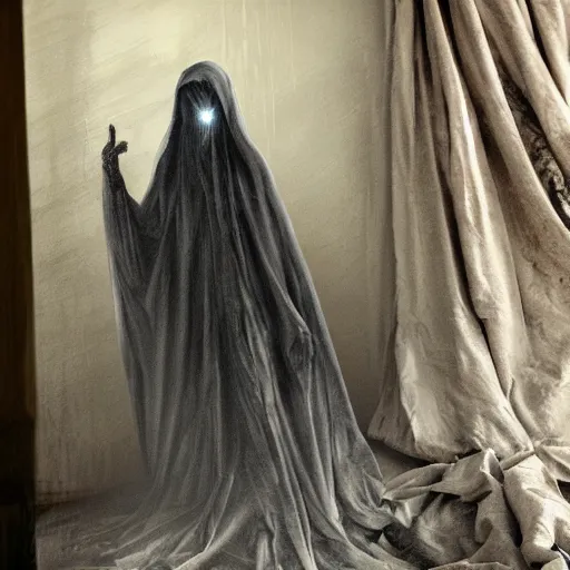 Prompt: ominous bedsheet ghost floating in front of a train, oil painting, brush strokes, gloomy foggy atmosphere, symmetrical, full body image, highly ornate intricate details,