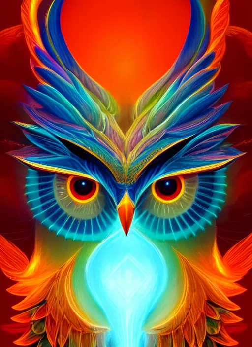 Prompt: symmetry!! product render poster vivid colors divine proportion owl, flame, glowing fog intricate, elegant, highly detailed, digital painting, artstation, concept art, smooth, sharp focus, illustration,