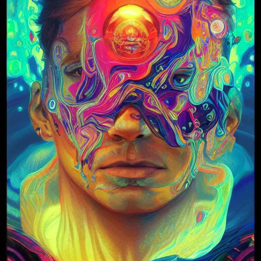 Image similar to An extremely psychedelic experience, colorful, surreal, dramatic lighting, cosmonaut, LSD, face, detailed, intricate, elegant, highly detailed, digital painting, artstation, concept art, smooth, sharp focus, illustration, art by Sam Spratt, Dan Mumford, Artem Demura and Alphonse Mucha