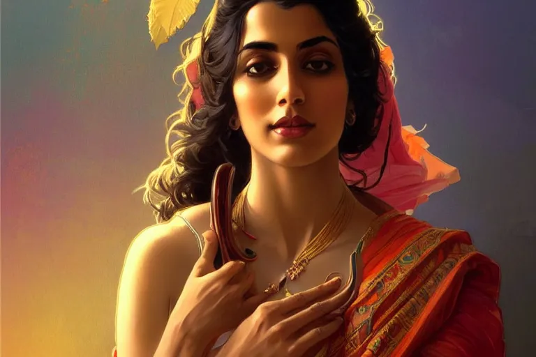 Image similar to sensual pale beautiful indian doctor in jeans, art deco portrait, elegant, intricate, digital painting, artstation, concept art, smooth, sharp focus, illustration, art by artgerm and greg rutkowski and alphonse mucha