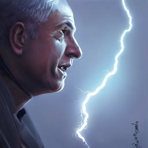 Image similar to benjamin netanyahu as the greek god of lightning, lightning bolts, highly detailed, ultra clear, by artgerm and greg rutkowski