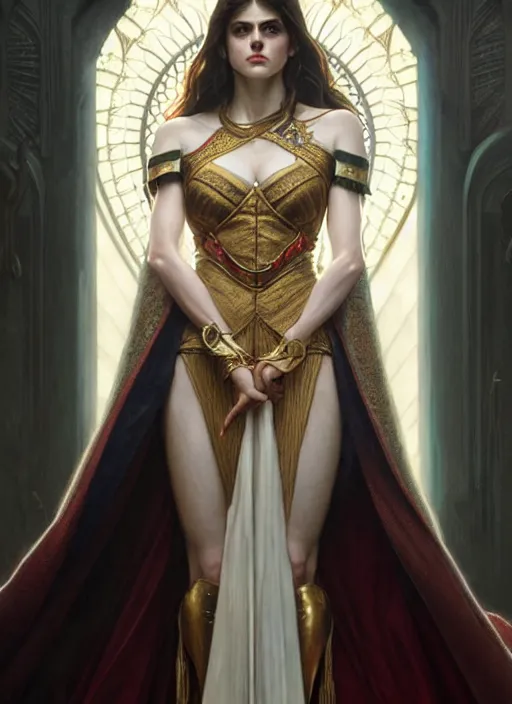 Image similar to alexandra daddario as queen, incredibly detailed face, light half opened dress, true anatomy, art by artgerm and greg rutkowski and alphonse mucha