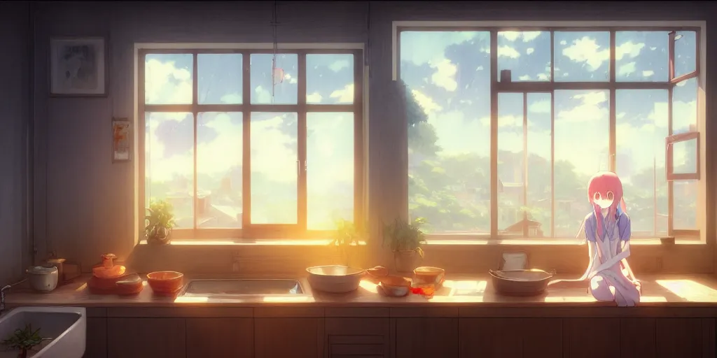 Image similar to interior background art, bright window lit kitchen, morning, steaming food on the stove, wooden floors, houseplants, cottage decor, gapmoe yandere grimdark, trending on pixiv fanbox, painted by greg rutkowski makoto shinkai takashi takeuchi studio ghibli, akihiko yoshida