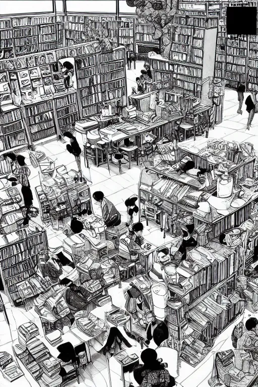 Image similar to surreal line art by kim jung gi!, an extremely busy coffee and book shop store, couches and chairs and tables, lazy women and men everywhere drinking and eating, rule of third!!!!, line art, 8 k, super detailed, high quality, isometric view