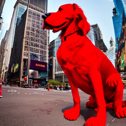 Image similar to a long shot of Clifford a big red dog 25 feet tall photographed in New York City, Times Square avenue barking at random tourists, 4k, detailed