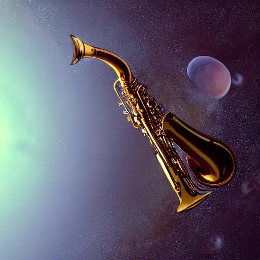 Prompt: astronaut doing jazz saxophone improvisation, earth, 4k photography, space