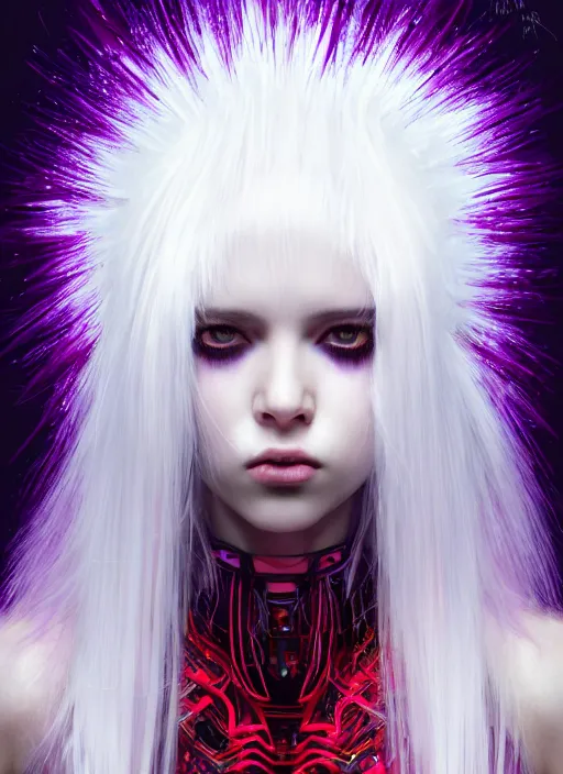 Image similar to hair whitebangs hair, black cyberlox, portrait of normal teenage girl, white bangs, messy bangs, fluffy bangs, cyberlox, whitebangs, red irises, purple background, intricate, elegant, highly detailed, digital painting, artstation, concept art, sharp focus, smooth, illustration, art by wlop, mars ravelo and greg rutkowski