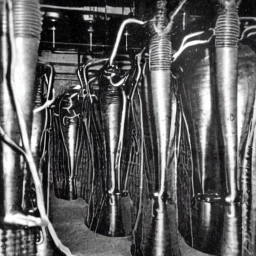 Image similar to old black and white photo, 1 9 1 3, depicting biomechanical aliens inside vats, historical record