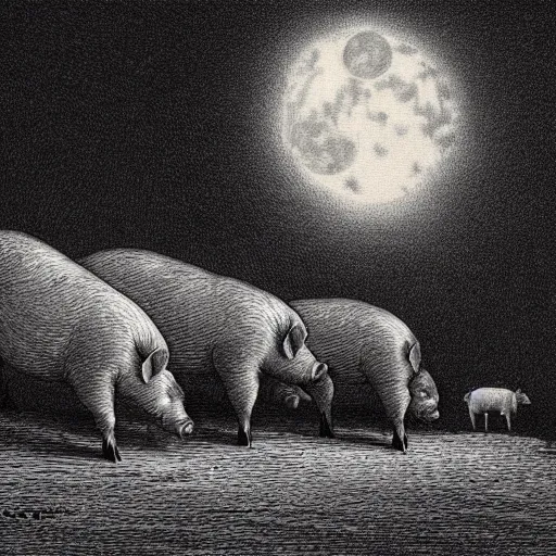 Image similar to pigs in a tuxedo walk out of a barn, dramatic lighting, creepy, farm background, moon, chiaroscuro, high detail, illustration by gustave dore