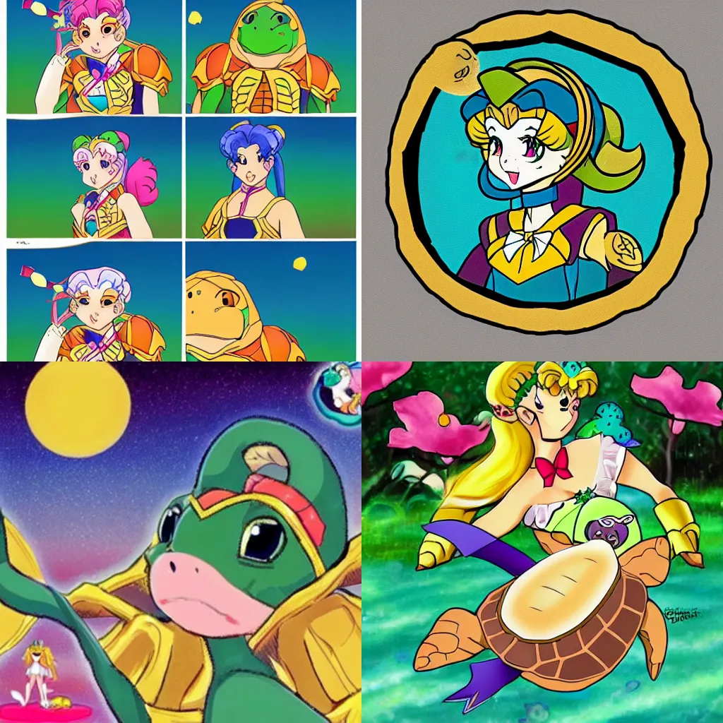 Prompt: sailor moon as a turtle, a turtle that is sailor moon, sailor moon played by a turtle