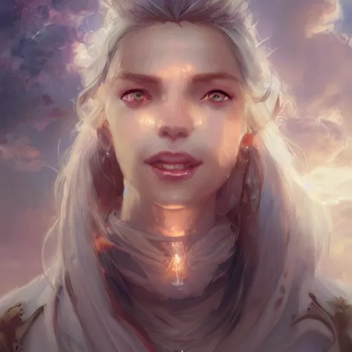 Image similar to a portrait of a beautiful smiling lady with adorable eyes, pretty eyes, beautiful eyes, looking up onto the sky, smiling, art of wlop and greg rutkowski, epic fantasy art, bright light masterpiece, ray of light through white hair