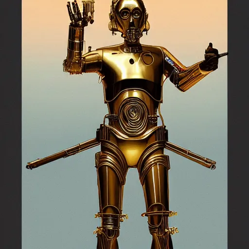 Image similar to c 3 po smoking crack cocaine by mcfarlane, alphonse mucha, artgerm and greg rutkowski and magali villeneuve. realistic.