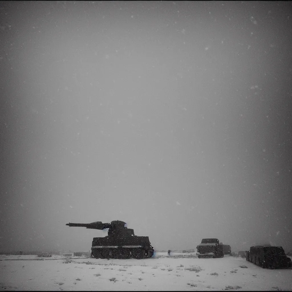 Image similar to photo of shiprock, new mexico during a snowstorm. a mark iv tank is in the distance, looking back over his shoulder. cold color temperature, snow storm. hazy atmosphere. humidity haze. kodak ektachrome, greenish expired film, award winning, low contrast,