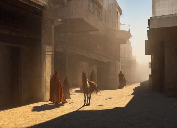 Prompt: old jeddah city alley, roshan, old shops, horse, magical glowing sand gateway to another dimension, a man wearing a white robe standing watching over, dramatic lighting, dawn, by caspar david friedrich, unreal engine 5