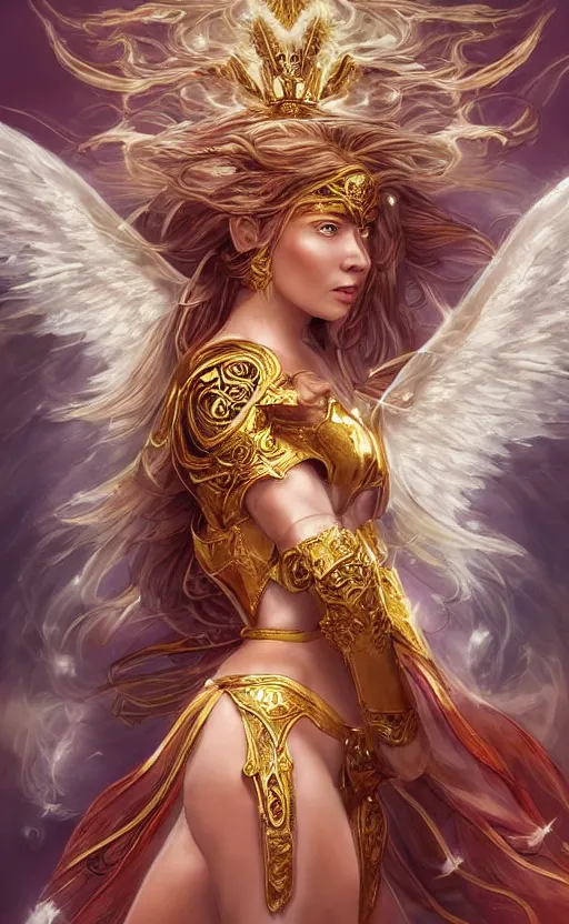 Image similar to hyper-realistic portrait of a beautiful! magical! woman with angel wings wearing a (((toga))) & gilded! ornate armor!!! female warrior | long blonde hair, sun-kissed skin, glowing red eyes | dynamic fighting pose, flying in the sky, wielding a fire lance | divine, heavenly, powerful, full body aura | intricate detail, highly detailed, symmetrical, digital painting, concept art, smooth, sharp focus, illustration, medieval fantasy, cinematic, dungeons and dragons | art by artgerm & mark brooks & Ed binkley