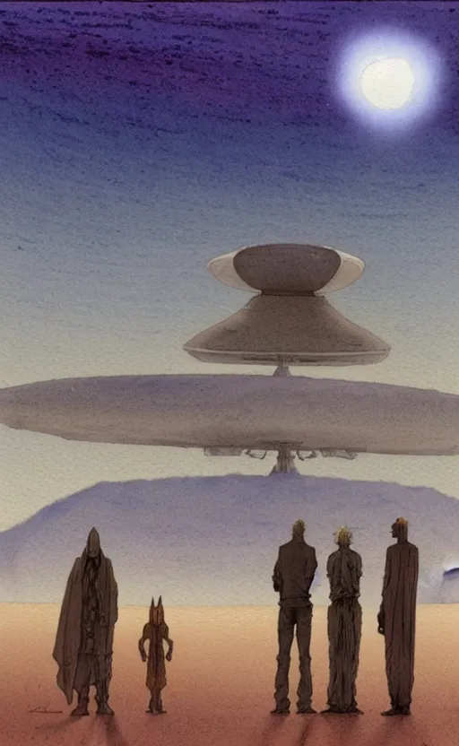 Image similar to a hyperrealist watercolour character concept art portrait of a 1 0 ft. tall thin alien with a high forehead on a misty night in the desert. a small group of people are watching from the foreground. a ufo is in the background. by rebecca guay, michael kaluta, charles vess and jean moebius giraud