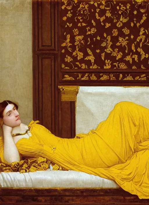 Image similar to masterpiece portrait of lady reclining on bed wearing yellow ochre ornate medieval dress, vertical, foreshortening, colour photography by frederic leighton, william morris, 8 k