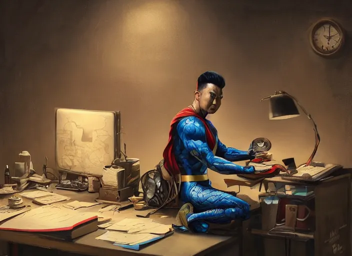 Image similar to an insanely detailed painting of an asian man wearing a homemade superhero costume, sitting at a desk, staring seriously at the computer and typing, in the style of peter mohrbacher, james jean, artgerm, dramatic lighting and composition, surreal background, octane render, pixar, trending on artstation, concept art, comic book, view from behind, 8 k