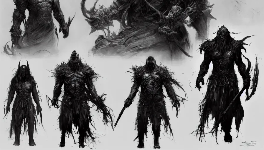 Image similar to feral chieftain charector concept sheet, beksinski, ruan jia, the hobbit orc concept, dark soul concept