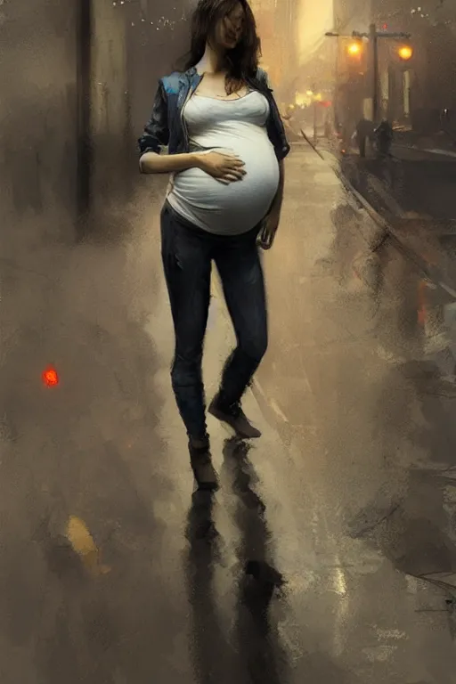 Image similar to pregnant woman under street light, highly detailed, sharp focused, ultra realistic digital concept art by Ruan Jia