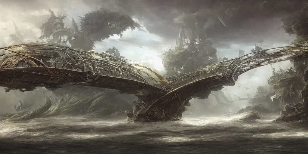 Image similar to study material with side perspective, transparent water River flow, realistic water foam,agua droplets, underwater, bridge made of water ,physically based rendering, defined features by ellen jewett, tomasz alen kopera and Justin Gerard